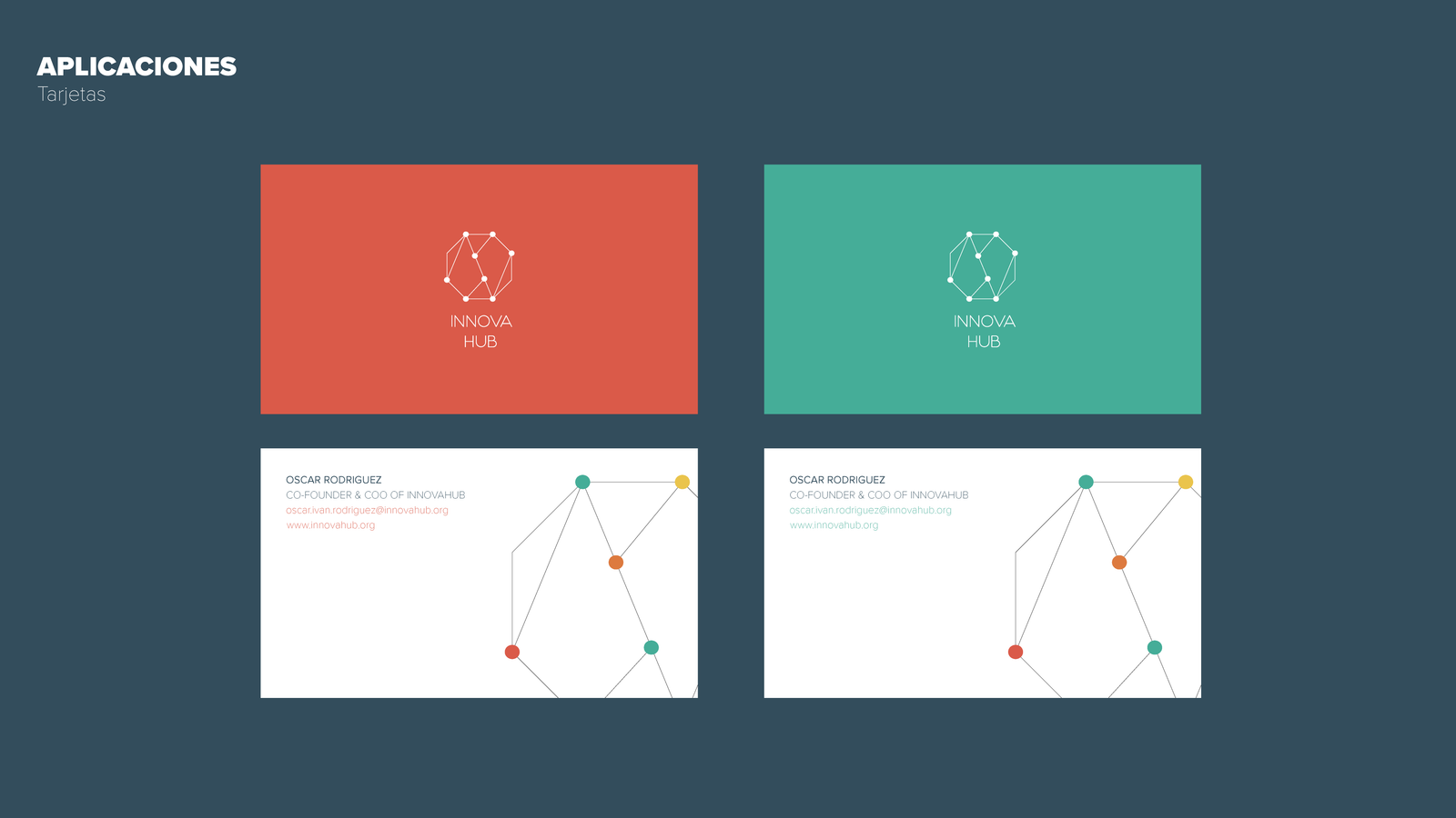 Business card applications and layouts for Innovahub Colombia brand