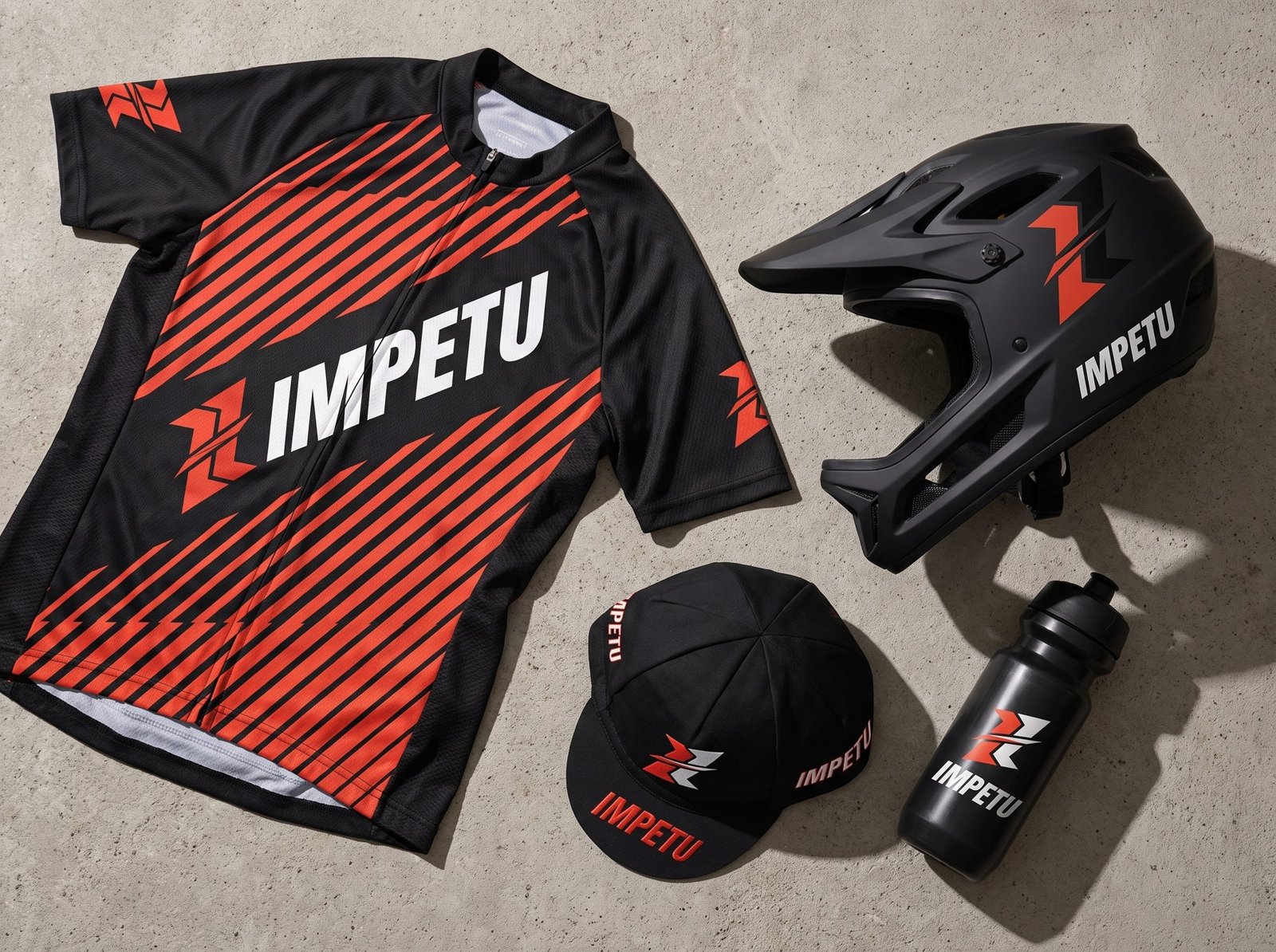IMPETU jersey, helmet, cap and bottle flat lay