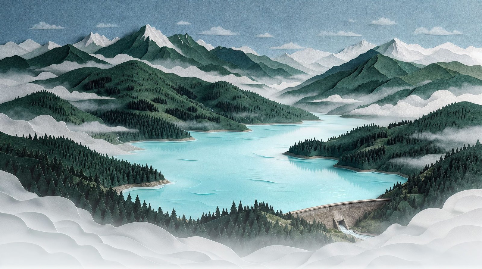 Paper-cut illustration of a turquoise mountain reservoir and its dam, surrounded by forested hills and low cloud